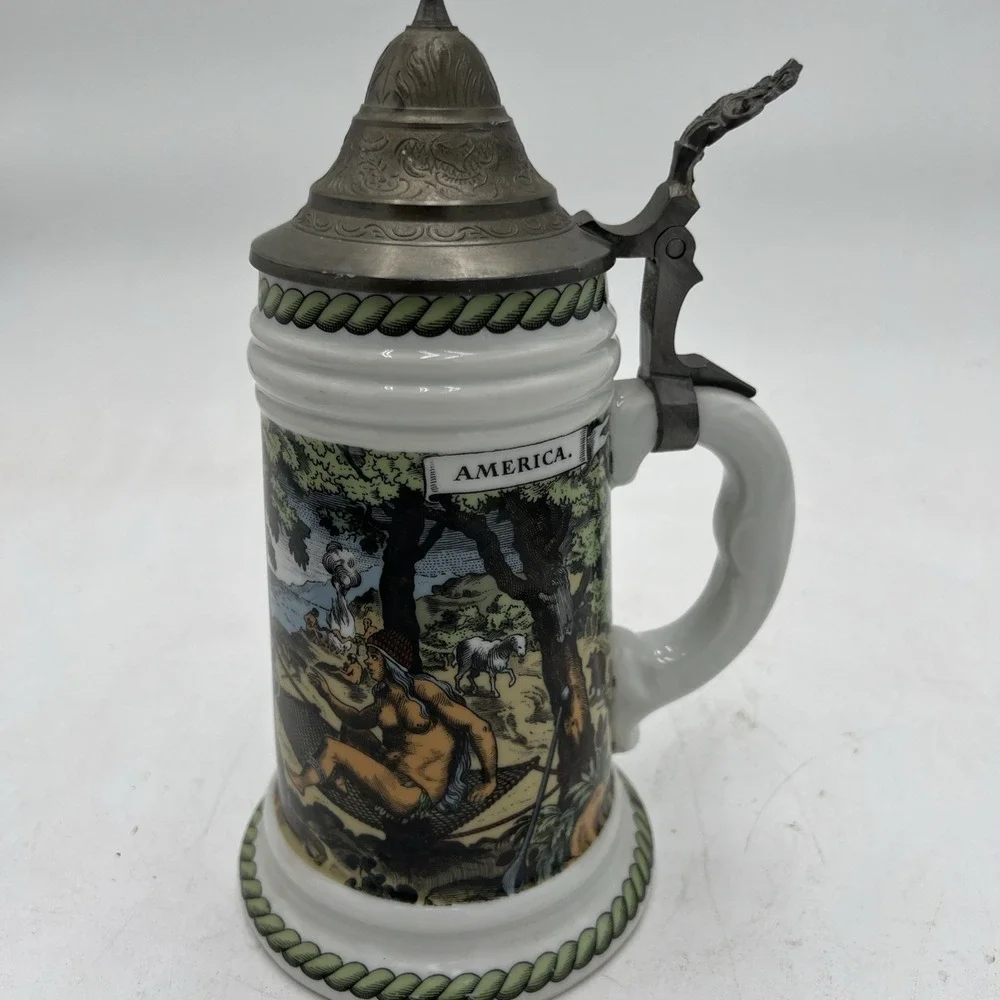 VNTG Cerami Beer Stein Tankard Pewter Lid Sailing Ship Historical Explorer Theme